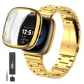 ZPJPPLX for Fitbit Versa 4 Metal Watch Band with Soft TPU Case,Compatible with Fitbit Sense 2 Stainless Steel Strap and Screen Protection Case for Men Women,Gold
