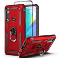 Dretal for Moto G Power Case with Tempered Glass Screen Protector, Military Grade Shockproof Protective Case Cover with Rotating Holder Kickstand for Motorola Moto G Power 2020 (JS-Red)