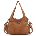 Angelkiss Women Top Handle Satchel Handbags Shoulder Bag Messenger Tote Washed Leather Purses Bag (Caramel)