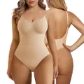 SHAPERX Low Back Bodysuit for Women Tummy Control Shapewear Seamless Sculpting Body Shaper Thong Tank Top, Beige, Small-Medium