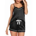 Ekouaer Silk Pajama Set Women's Stylish Satin Cami and Shorts Set Plus Size Comfort Sleepwear Loungewear (Black,XXL)