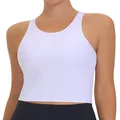 THE GYM PEOPLE Women's Racerback Longline Sports Bra Removable Padded High Neck Workout Yoga Crop Tops, White, Medium