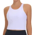 THE GYM PEOPLE Women's Racerback Longline Sports Bra Removable Padded High Neck Workout Yoga Crop Tops, White, Medium