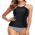 Tempt Me Women High Neck Tankini Swimsuit Tummy Control Top with Bottom Two Piece Bathing Suits Black Stripe L