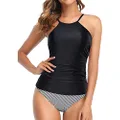 Tempt Me Women High Neck Tankini Swimsuit Tummy Control Top with Bottom Two Piece Bathing Suits Black Stripe L