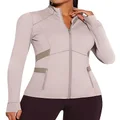 GYM RAINBOW Womens Workout Jacket Lightweight Full Zip Slim Fit Mesh Panels Running Track Jacket with ThumbHoles & Pockets, #1 Light Apricot, Small
