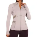 GYM RAINBOW Womens Workout Jacket Lightweight Full Zip Slim Fit Mesh Panels Running Track Jacket with ThumbHoles & Pockets, #1 Light Apricot, Small