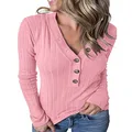 MEROKEETY Women's Long Sleeve V Neck Ribbed Button Knit Sweater Solid Color Tops, Pink, Small