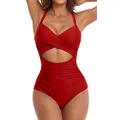 Eomenie Women's One Piece Swimsuit Wrap Cutout Tummy Control High Waisted Back Tie Knot Bathing Suit, Red, X-Large