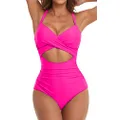 Eomenie Women's One Piece Swimsuit Wrap Cutout Tummy Control High Waisted Back Tie Knot Bathing Suit, Hot Pink, Small