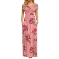 DB MOON Women's 2022 Casual Summer Maxi Dresses Short Sleeve Empire Waist Long Dress with Pockets, Pink Floral, Large
