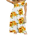 DB MOON Women's 2022 Casual Summer Maxi Dresses Short Sleeve Empire Waist Long Dress with Pockets, White Sunflower, XX-Large