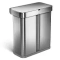 simplehuman 58 Liter / 15.3 Gallon Stainless Steel Touch-Free Dual Compartment Rectangular Kitchen Trash Can Recycler with Voice and Motion Sensor, Activated, Brushed