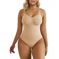 SHAPERX Bodysuit for Women Tummy Control Shapewear Adjustable Straps Seamless Thong Body Shaper, Beige, XX-Small-X-Small