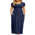 DB MOON Women's 2022 Casual Summer Maxi Dresses Short Sleeve Empire Waist Long Dress with Pockets, Navy Blue, Large