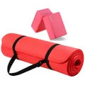 BalanceFrom All Purpose 1/2-Inch Extra Thick High Density Anti-Tear Exercise Yoga Mat with Carrying Strap and Yoga Blocks, Red