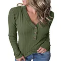 MEROKEETY Women's Long Sleeve V Neck Ribbed Button Knit Sweater Solid Color Tops Green