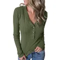 MEROKEETY Women's Long Sleeve V Neck Ribbed Button Knit Sweater Solid Color Tops Green
