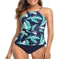 Tempt Me Women Two Piece Swimsuit Tankini Ruched Tummy Control High Neck Swimsuits Green Leaf L