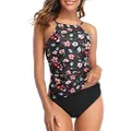 Tempt Me Women Pink Floral High Neck Tankini Top Tummy Control Swimsuit with Shorts 2 Piece Bathing Suit XXL