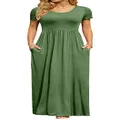 DB MOON Women's 2022 Casual Summer Maxi Dresses Short Sleeve Empire Waist Long Dress with Pockets, Army Green, 4X-Large