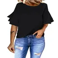 luvamia Women's Black Casual 3/4 Tiered Bell Sleeve Crewneck Loose Tops Blouses Shirt Size M