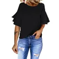 luvamia Women's Black Casual 3/4 Tiered Bell Sleeve Crewneck Loose Tops Blouses Shirt Size M