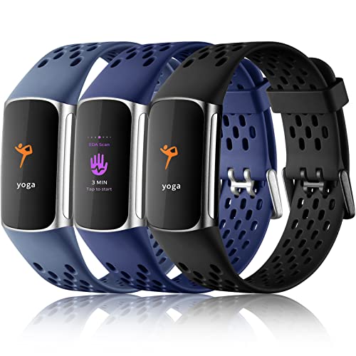Maledan Compatible with Fitbit Charge 6/ Charge 5 Bands Women Men - Waterproof Sport Band Breathable Strap Replacement Wristbands for Fitbit Charge 6/ Charge 5 Accessories, Black/Navy Blue/Blue Gray