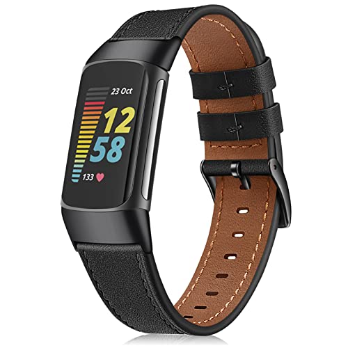 Fintie Bands Compatible with Fitbit Charge 6/5, Genuine Leather Band Replacement Accessories Strap Wristband, Black