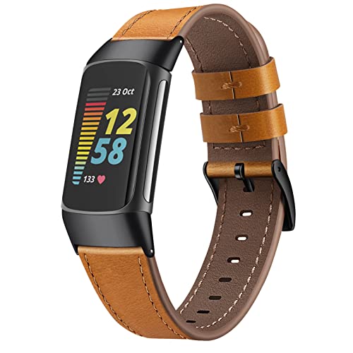 FINTIE Bands Compatible with Fitbit Charge 6/5, Genuine Leather Band Replacement Accessories Strap Wristband (Brown)