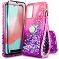 NZND Samsung Galaxy A32 5G Case with Tempered Glass Screen Protector (Full Coverage), Sparkle Glitter Flowing Liquid Quicksand Shiny Bling Diamond, Women Girls Cute Phone Case (Pink/Purple)