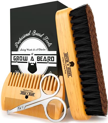 Beard Brush For Men & Beard Comb Set w/Mustache Scissors Grooming Kit, Natural Boar Bristle Brush, Dual Action Wood Comb, And Travel Bag Great For Christmas Gift