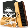 Beard Brush for Men & Beard Comb Set w/Mustache Scissors Grooming Kit, Natural Boar Bristle Brush, Dual Action Wood Comb, and Travel Bag Great for Christmas Gift