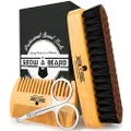 Beard Brush for Men & Beard Comb Set w/Mustache Scissors Grooming Kit, Natural Boar Bristle Brush, Dual Action Wood Comb, and Travel Bag Great for Christmas Gift