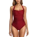 Smismivo Tummy Control Swimwear Black Halter One Piece Swimsuit Ruched Padded Bathing Suits for Women Slimming Vintage Bikini (Wine Red, XX-Large)
