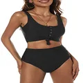 ZAFUL Women's Knotted Front Tankini Set High Waisted Bikini Scoop Neck Swimsuit Two Pieces Bathing Suit (Black-Snap Button, L)