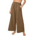 utcoco Women's Cotton Linen Wide Leg Pants Casual Loose Stretchy High Waisted Pants Trouses, Brown, Large
