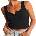 Artfish Women's Scoop Neck Sleeveless Knit Ribbed Fitted Casual Basic Crop Tank Top, 02# Black, Large