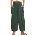 Women's Wide Leg Capri Pants Casual Relax Fit Lantern Trousers Drawstring Elastic Waist Pants, Light-green, Medium