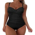 Hilor Women's Ruched Underwire One Piece Swimsuit Front Twist Swimwear Tummy Control Bathing Suit Monokini Black 18