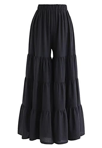 CHICWISH Women's Comfy Casual Wide-Leg Flare Bell Bottom Pants, Black, X-Large
