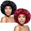 Kenllas Large Satin Sleep Bonnet - 2 PCS Extra Large Soft Elastic Band Silky Sleeping Cap for Women with Long Loss Wavy Frizzy Curly Dreadlock Braid Hair(Black&Red)