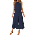 ROYLAMP Women's Summer 2 Piece Outfits Round Neck Crop Basic Top Cropped Wide Leg Pants Set Jumpsuits, Navy Blue, X-Small