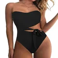 Hilor Women's Strapless One Piece Swimsuit High Waisted Bikini Swimwear Cutout Bandeau Bathing Suit with Side Tie Strap, Black, 16