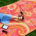 Pink & Yellow Reversible Waterproof Outdoor Rug | Woven Plastic, Lightweight Mat with Paisley Print Pattern | for Yard, Patio, Decking, Bathroom, Utility, Picnic 47 x 70