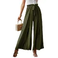 Simplee Women's Elegant Striped Split High Waisted Belted Flowy Wide Leg Pants, E8-olive Green, Small