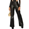 hibshaby Women's Faux Leather Pants Striaght Wide Leg Leggings with Pockets, Straight Black, XX-Large