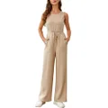 Glamaker Women's Air Essentials Jumpsuit Casual Loose Wide Leg Jumpsuits Crew Neck Sleeveless Long Rompers Pants Overalls, #Beige, Large