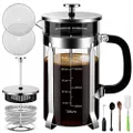 Veken French Press Coffee Maker (34 oz), 304 Stainless Steel Coffee Press with 4 Filter Screens, Durable Easy Clean Heat Resistant Borosilicate Glass - 100% BPA Free, Silver