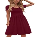 DB MOON Women Summer Casual Short Sleeve Dresses Empire Waist Dress with Pockets, Wine Red, 3X-Large